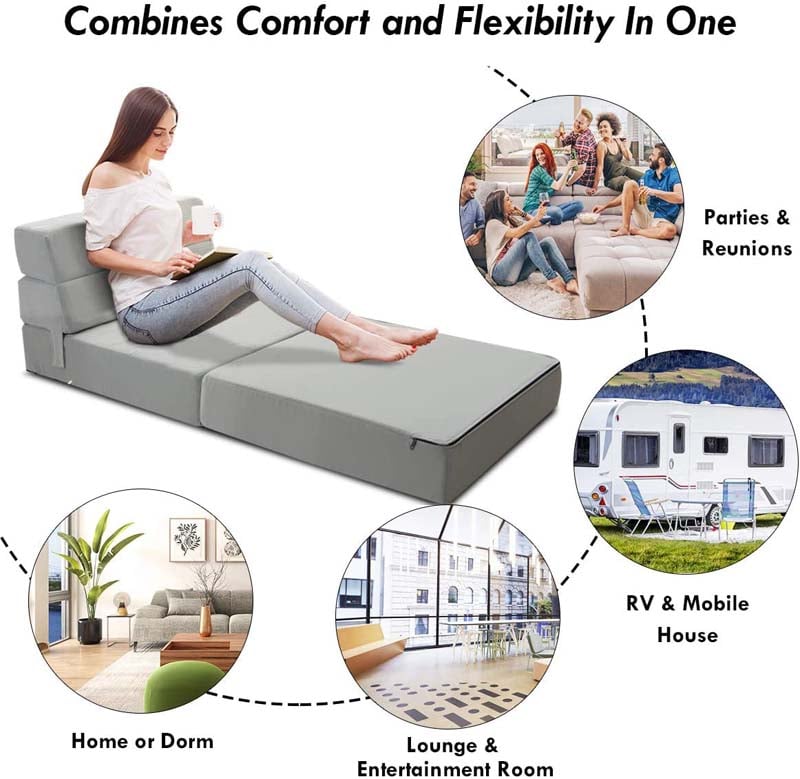 Triple Fold Down Sofa Bed, Floor Couch Sleeper Sofa, Modern Folding Lounge Chaise Convertible Upholstered Guest Sleeper Chair