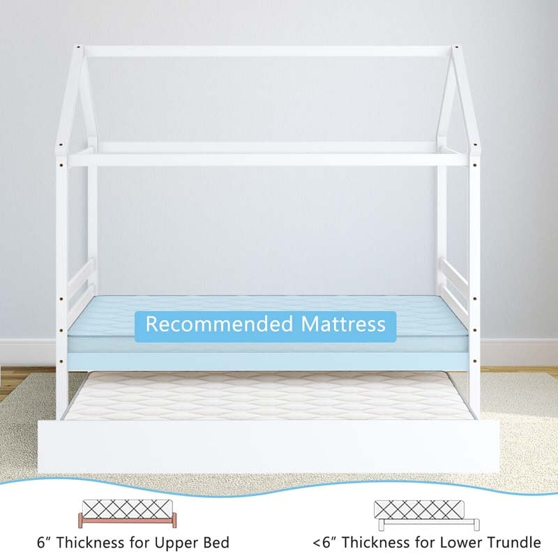 Twin Size House Bed with Trundle, Roof Wooden Platform Bed Frame, Playhouse Twin Bed for Kids Toddlers
