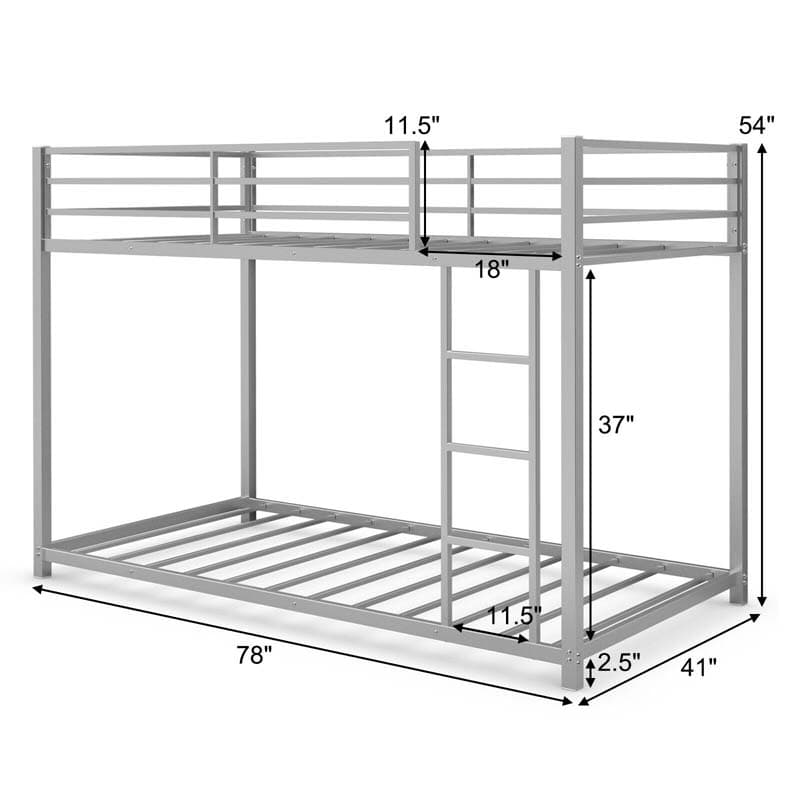Metal Bunk Bed Twin Over Twin, Classic Bunk Bed Frame Platform with Side Ladder & Safety Guardrail