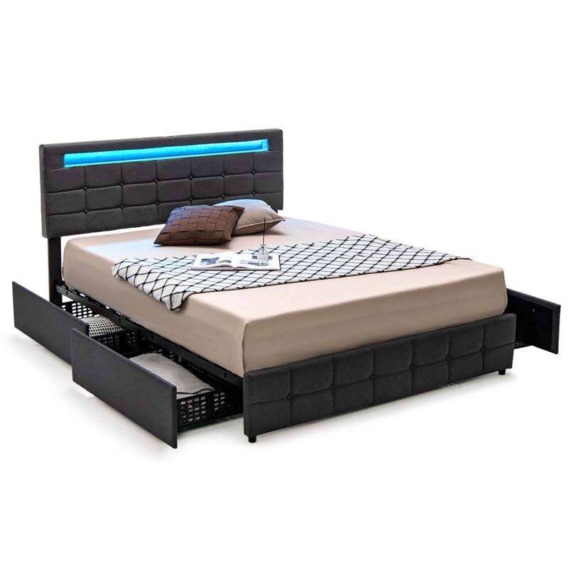 LED Upholstered Queen Bed Frame with 4 Drawers & USB Ports, Adjustable Tufted Headboard Platform Bed Frame
