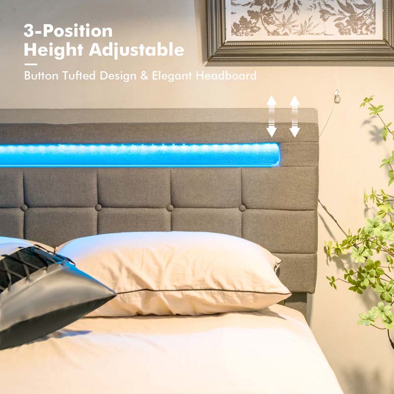 LED Upholstered Queen Bed Frame with 4 Drawers & USB Ports, Adjustable Tufted Headboard Platform Bed Frame