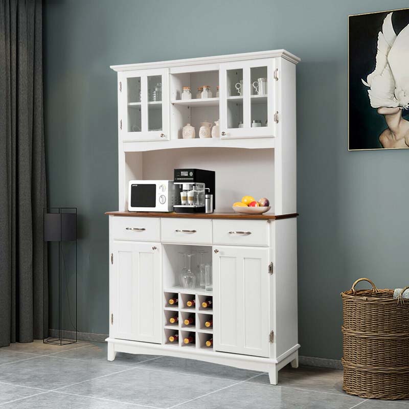 Wood Buffet Hutch Cabinet Kitchen Hutch Sideboard Kitchenware Server with 3 Large Drawers & 9 Wine Grids
