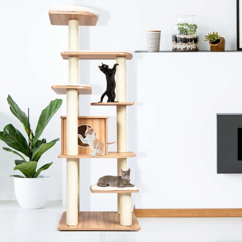 69" Tall Cat Activity Tree Wood Multi-Layer Large Cat Tower Condo with Scratch Resistant Rope & Plush Cushions