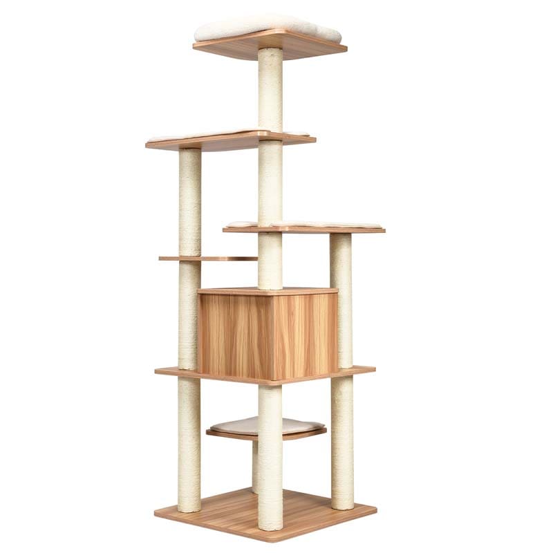 69" Tall Cat Activity Tree Wood Multi-Layer Large Cat Tower Condo with Scratch Resistant Rope & Plush Cushions