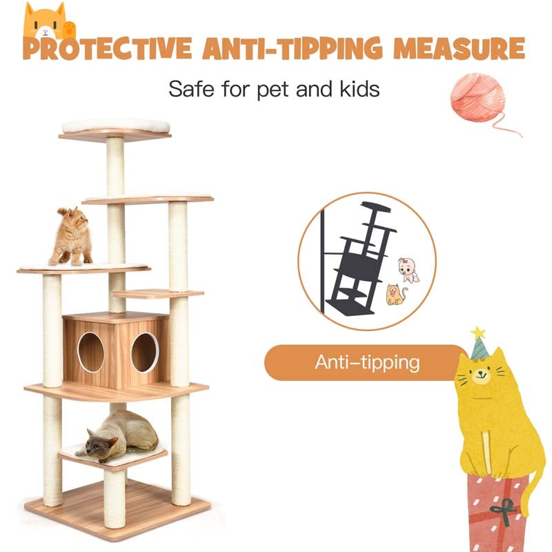 69" Tall Cat Activity Tree Wood Multi-Layer Large Cat Tower Condo with Scratch Resistant Rope & Plush Cushions