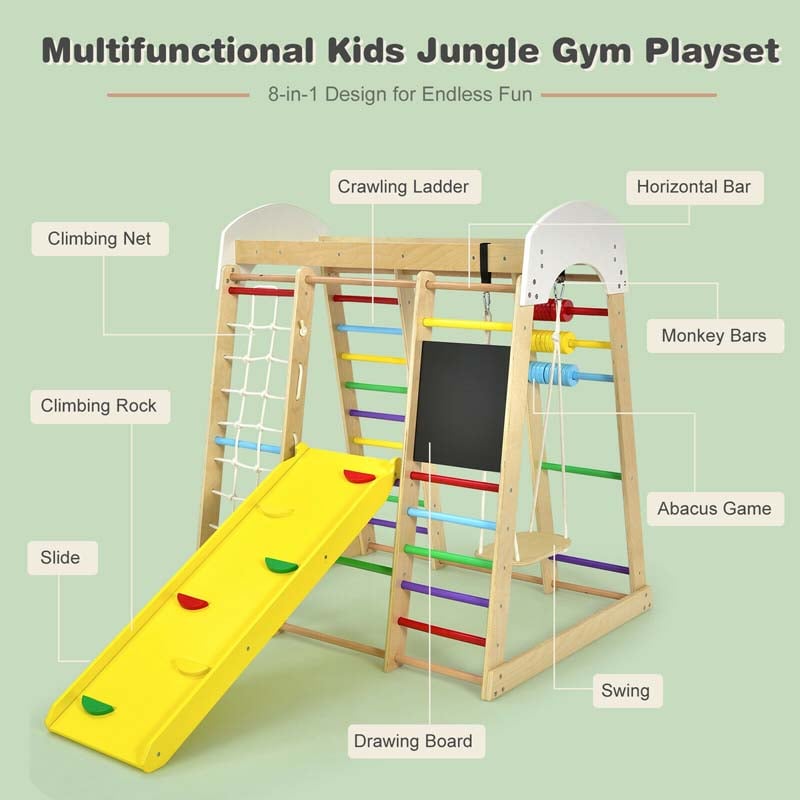 8-in-1 Wooden Climbing Toys for Toddlers, Kids Indoor Playground Jungle Gym Climber Playset with Slide