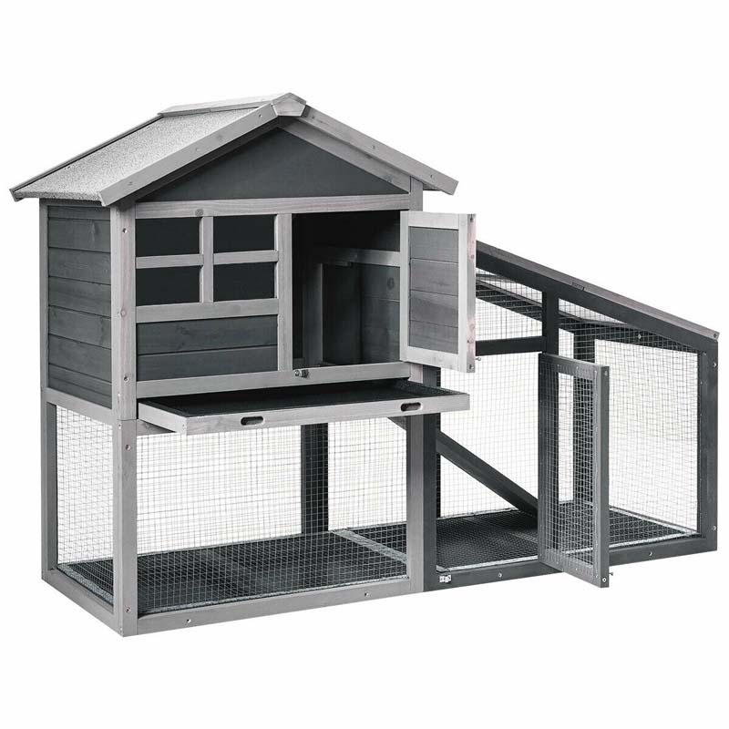 Rabbit Hutch Bunny Cage with Ventilation Door & Removable Tray, Indoor Outdoor Pet Cage House Wooden Chicken Coop