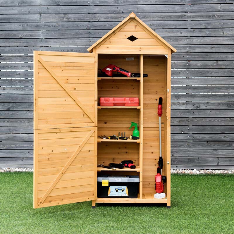 63" Wood Outdoor Storage Shed Lockable Garden Tools Storage Cabinet with 5 Shelves, Galvanized Sheet Roof