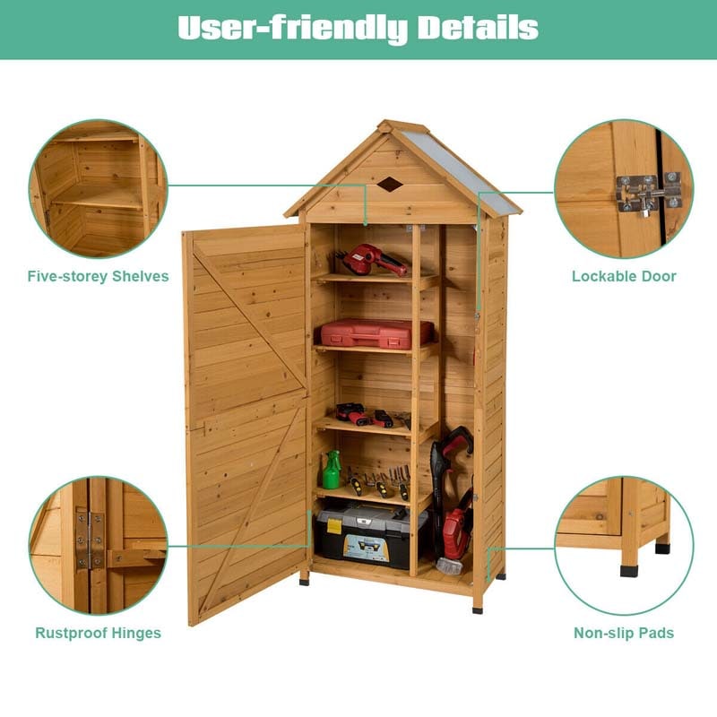 70" Wood Outdoor Storage Shed Lockable Garden Tools Storage Cabinet with 5 Shelves, Galvanized Sheet Roof