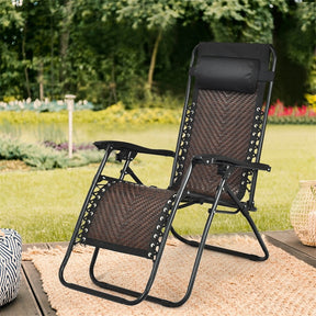 Rattan Folding Zero Gravity Lounge Chair Outdoor with Removable Pillow, Locking System, Adjustable Portable Patio Armchair