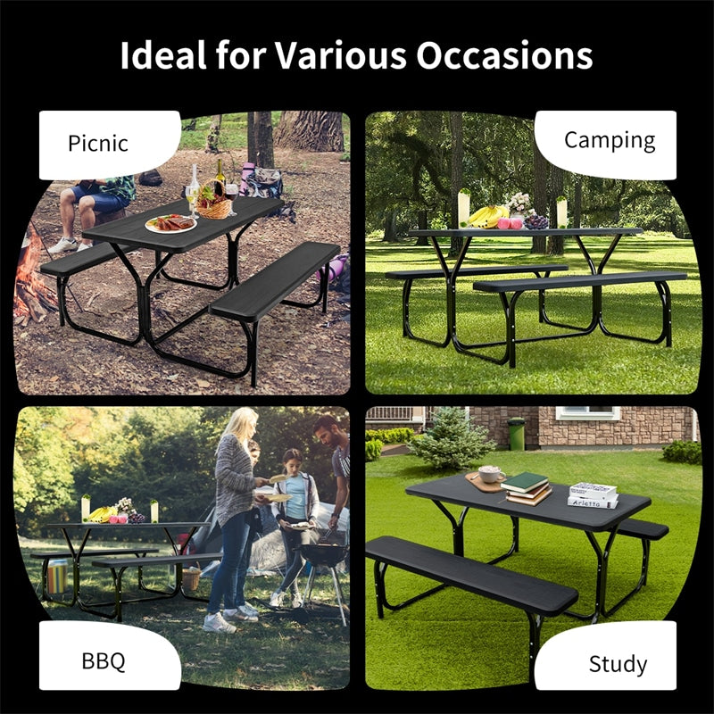 Outdoor Picnic Table Bench Set, All-Weather Dining Table Set, Metal Base Wood-Like Texture, Large Camping Table for Lawn Garden Backyard