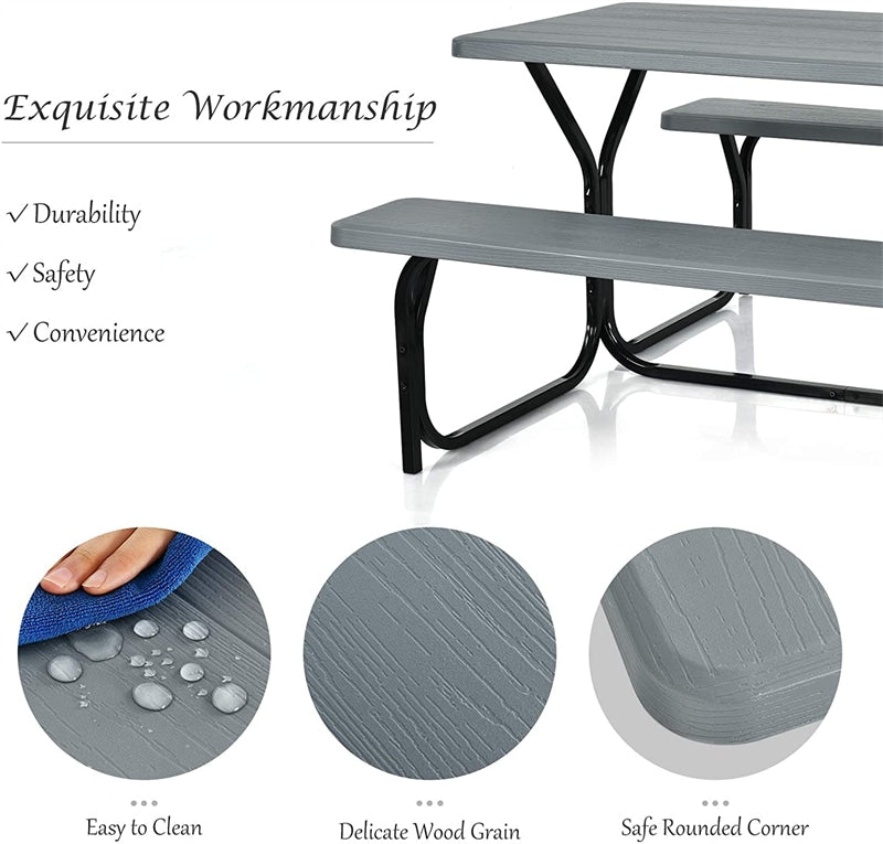 Outdoor Picnic Table Bench Set, All-Weather Dining Table Set, Metal Base Wood-Like Texture, Large Camping Table for Lawn Garden Backyard