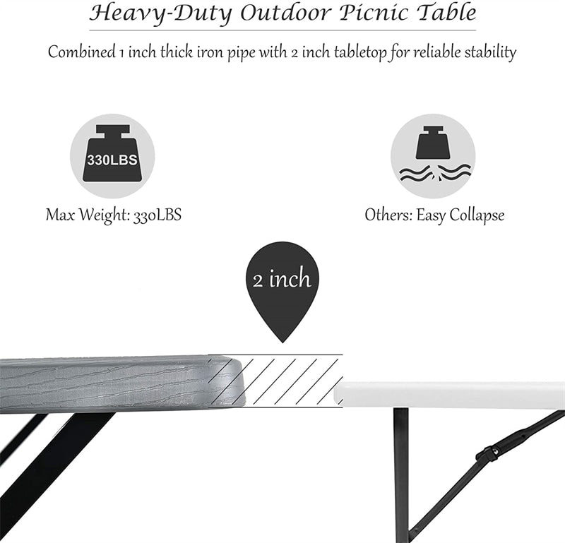 Outdoor Picnic Table Bench Set, All-Weather Dining Table Set, Metal Base Wood-Like Texture, Large Camping Table for Lawn Garden Backyard