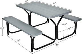 Outdoor Picnic Table Bench Set, All-Weather Dining Table Set, Metal Base Wood-Like Texture, Large Camping Table for Lawn Garden Backyard