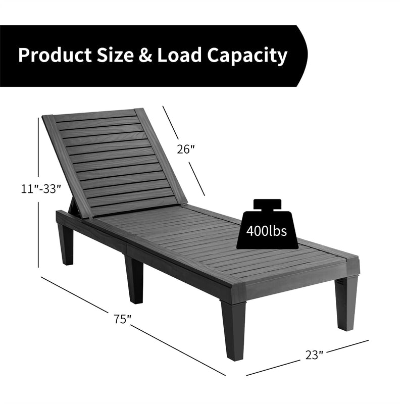 Outdoor Chaise Lounge Chair Patio Recliner, Adjustable with 5 Positions, Wood Texture Design, Waterproof, Easy to Assemble