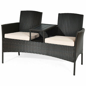 Rattan Outdoor Loveseat Bistro Set with Built-in Coffee Table & Cushions, Wicker Patio Conversation Set