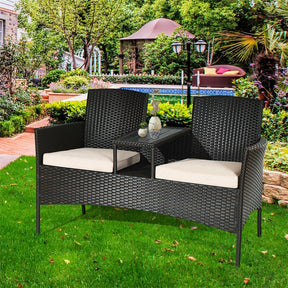 Rattan Outdoor Loveseat Bistro Set with Built-in Coffee Table & Cushions, Wicker Patio Conversation Set