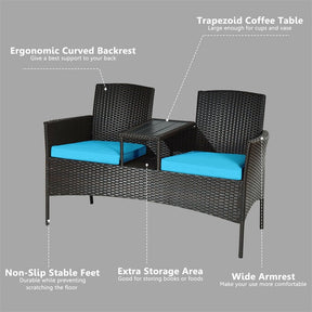 Rattan Outdoor Loveseat Bistro Set with Built-in Coffee Table & Cushions, Wicker Patio Conversation Set