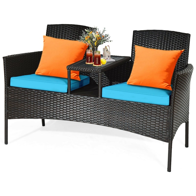 Rattan Outdoor Loveseat Bistro Set with Built-in Coffee Table & Cushions, Wicker Patio Conversation Set