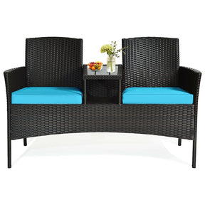 Rattan Outdoor Loveseat Bistro Set with Built-in Coffee Table & Cushions, Wicker Patio Conversation Set