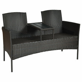 Rattan Outdoor Loveseat Bistro Set with Built-in Coffee Table & Cushions, Wicker Patio Conversation Set