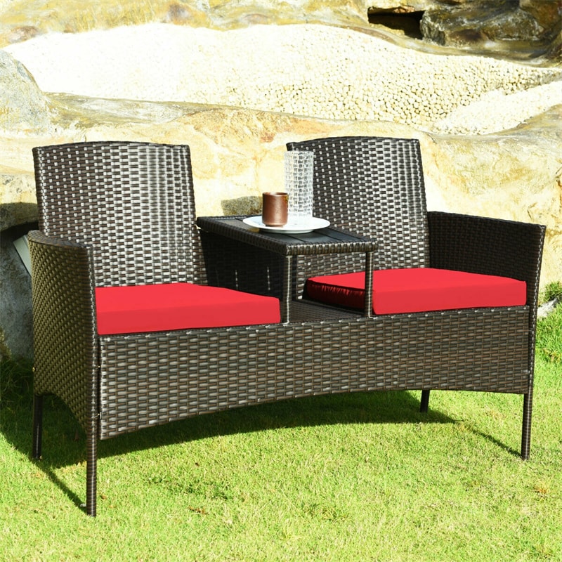 Rattan Outdoor Loveseat Bistro Set with Built-in Coffee Table & Cushions, Wicker Patio Conversation Set