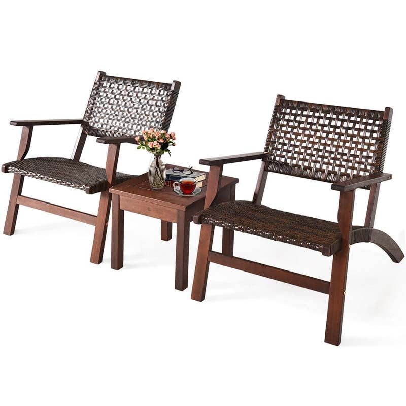 3 Pcs Rattan Wooden Outdoor Table & Chair Set Patio Bistro Conversation Set