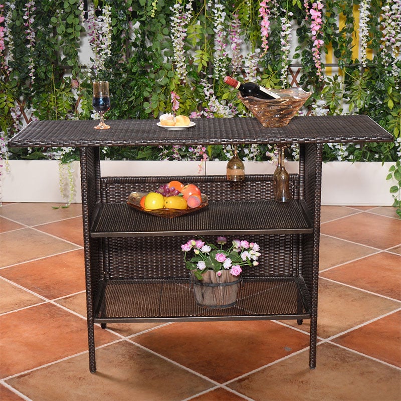 Rattan Wicker Outdoor Patio Bar Counter Table with 2-Row Goblet Holders & 2 Storage Shelves