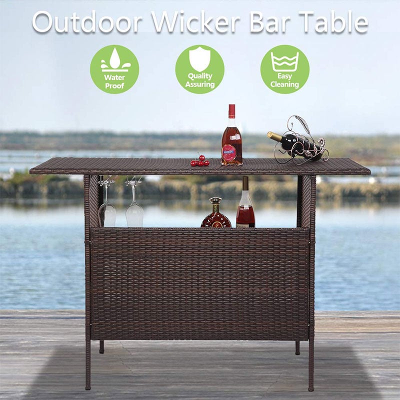 Rattan Wicker Outdoor Patio Bar Counter Table with 2-Row Goblet Holders & 2 Storage Shelves