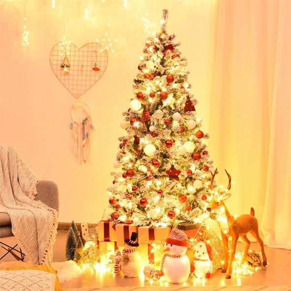 6/7.5/9FT Pre-Lit Hinged Artificial Christmas Tree, Premium PVC Snow Flocked Pine Tree with Metal Stand