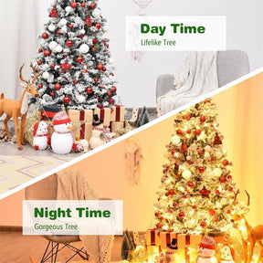 6/7.5/9FT Pre-Lit Hinged Artificial Christmas Tree, Premium PVC Snow Flocked Pine Tree with Metal Stand