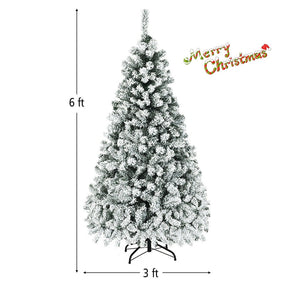 6/7.5/9FT Pre-Lit Hinged Artificial Christmas Tree, Premium PVC Snow Flocked Pine Tree with Metal Stand
