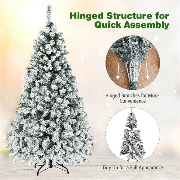 6/7.5/9FT Pre-Lit Hinged Artificial Christmas Tree, Premium PVC Snow Flocked Pine Tree with Metal Stand