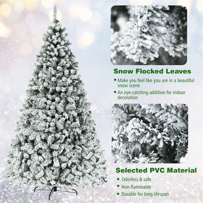 6/7.5/9FT Pre-Lit Hinged Artificial Christmas Tree, Premium PVC Snow Flocked Pine Tree with Metal Stand