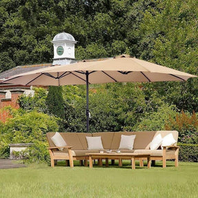 15 FT Ultra-large Double Sided Steel Outdoor Market Patio Umbrella with Base, UV Sun Protection & Easy Crank